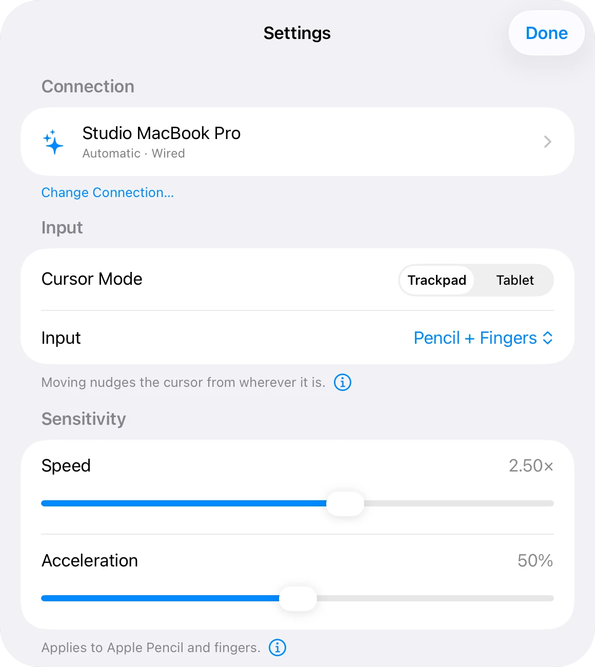 AirCursor Settings on iPad: connected to Studio MacBook Pro over Wired, Cursor Mode set to Trackpad, Input set to Pencil and Fingers, Speed 2.50× and Acceleration 50%.